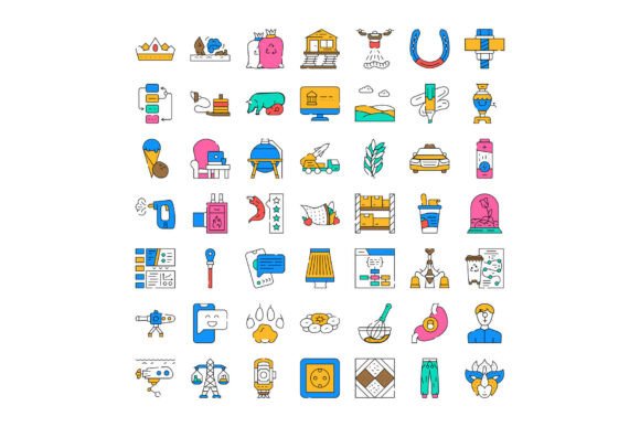 Diverse Collection of Colored Flat Line Icons: Practical Uses Across Design Projects